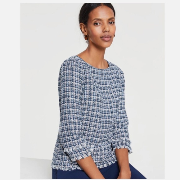 Ann Taylor Blouse Blue Tweed Plaid Fringe Size 4 Long Sleeve Work Top - Picture 1 of 4